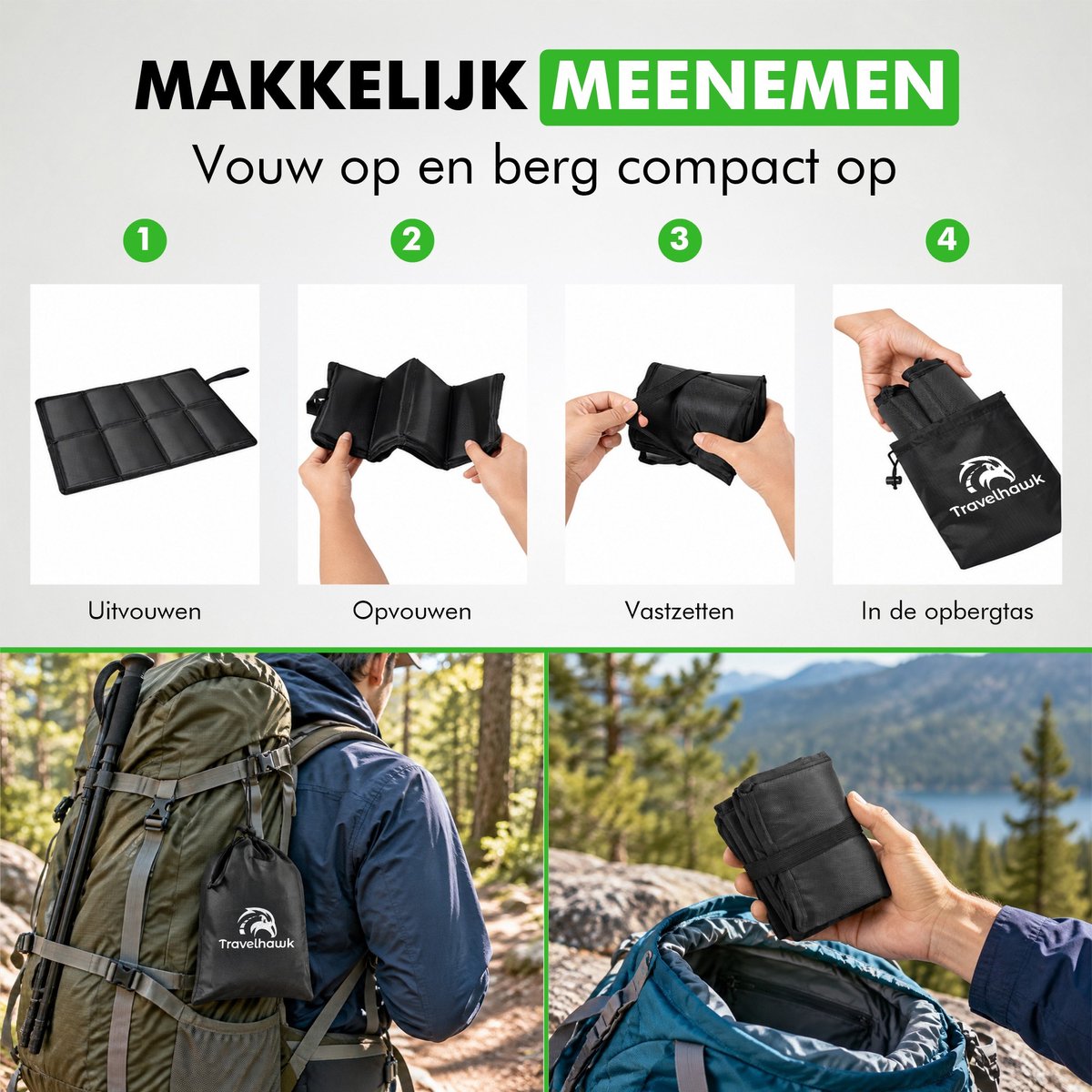 Het zitkussen wordt in vier stappen opgevouwen en aan de rugzak bevestigd