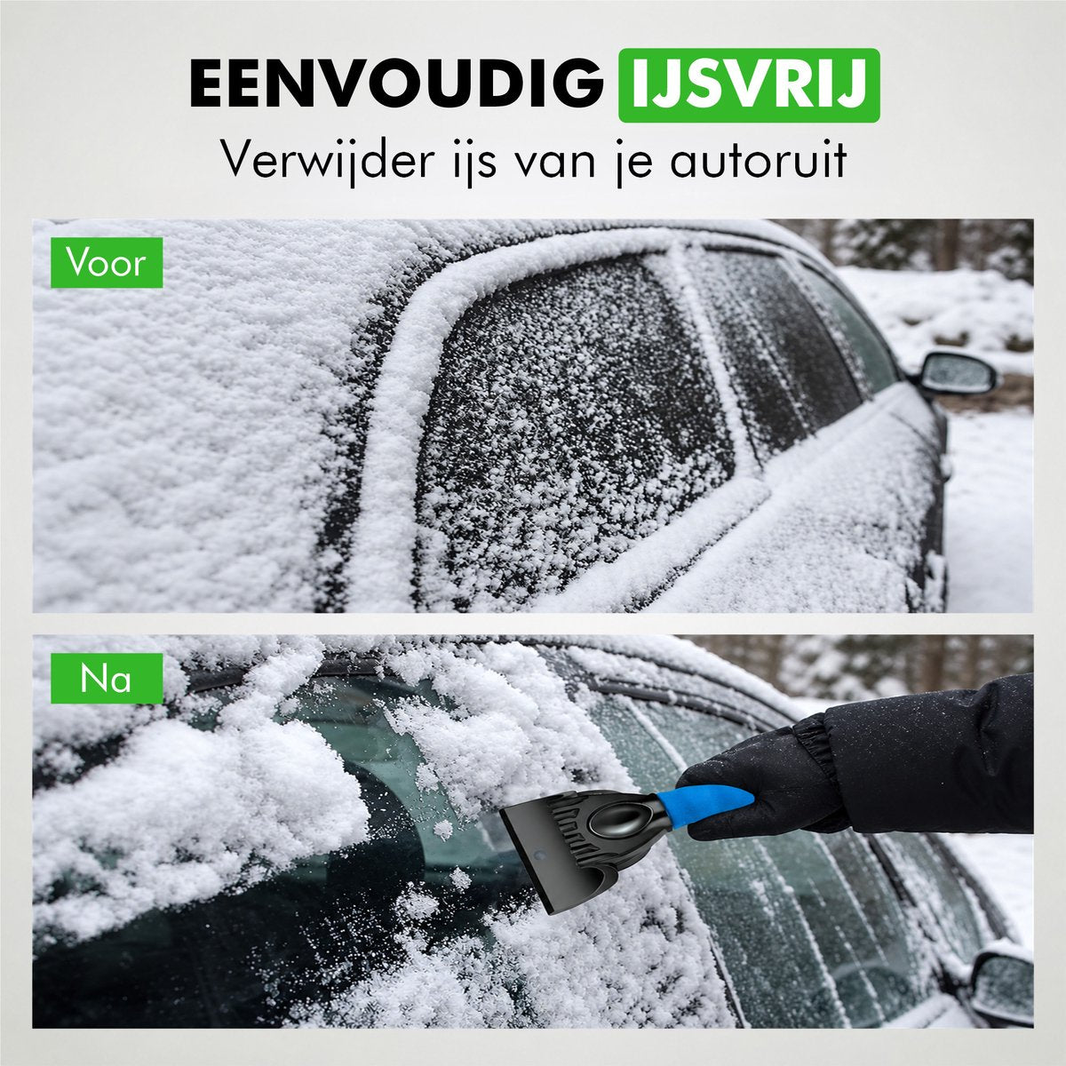 Autoruit voor en na het ijsvrij maken met de ijskrabber