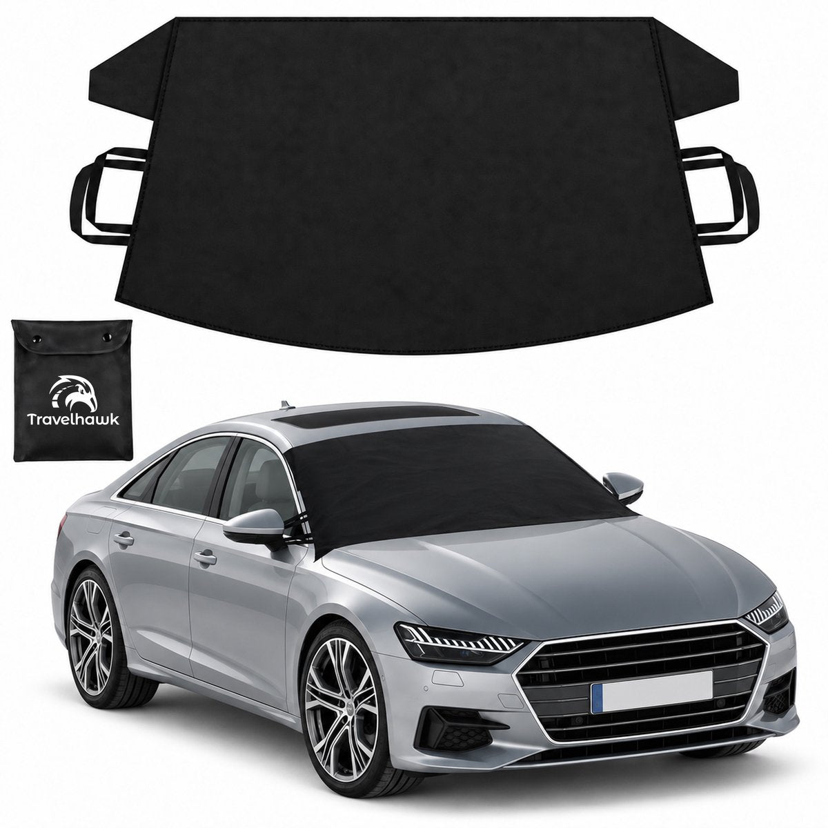 Zwarte Travelhawk anti-vriesdeken Medium over de voorruit van een grijze auto