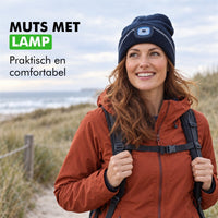 Details van de muts: uitneembare lamp, USB-oplaadbare accu en afneembare lampmodule