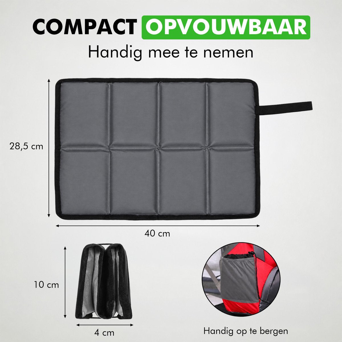 Compact opvouwbaar zitkussen van 38,5 bij 40 centimeter, handig mee te nemen