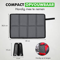 Compact opvouwbaar zitkussen van 38,5 bij 40 centimeter, handig mee te nemen