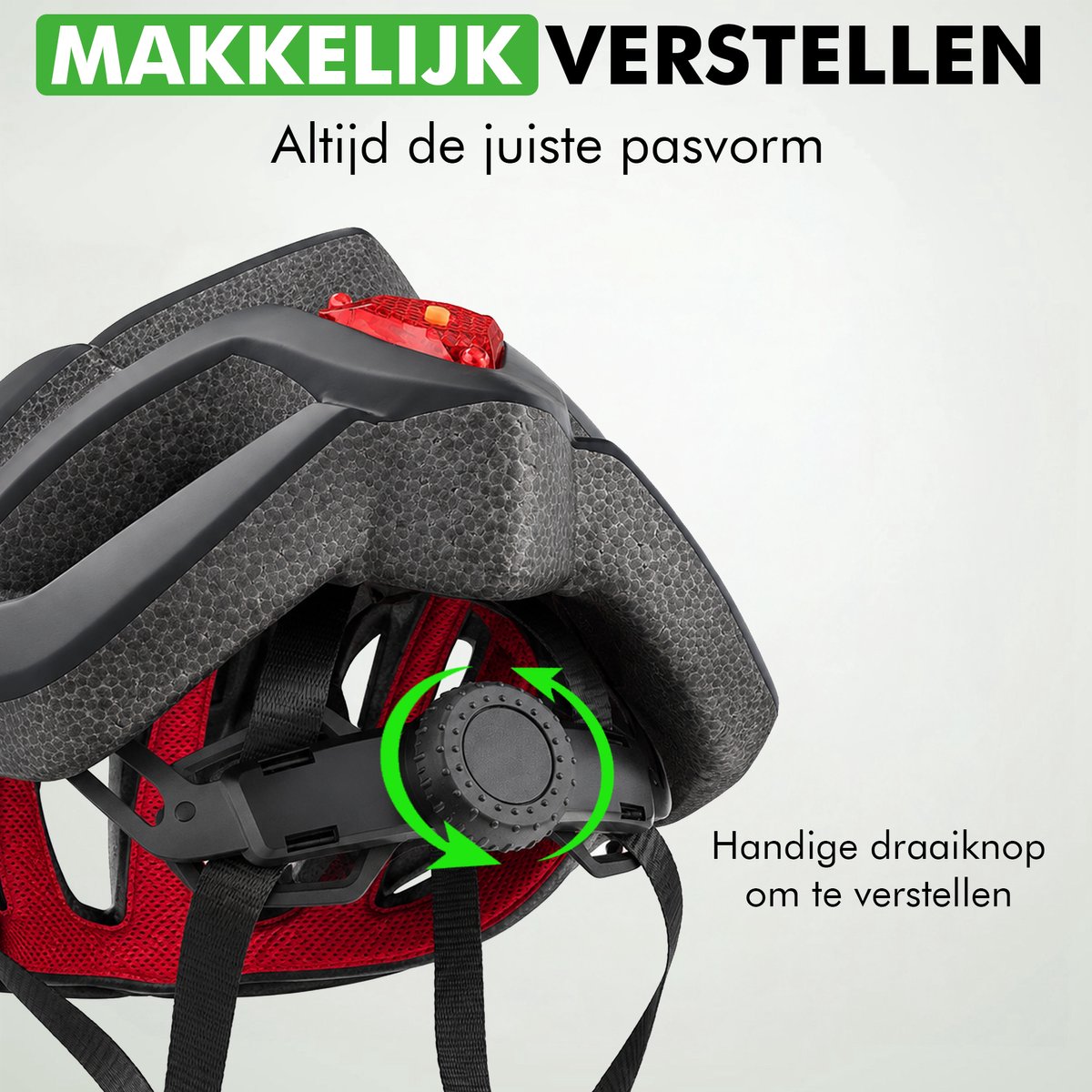 Draaiknop achter in de helm om de pasvorm te verstellen