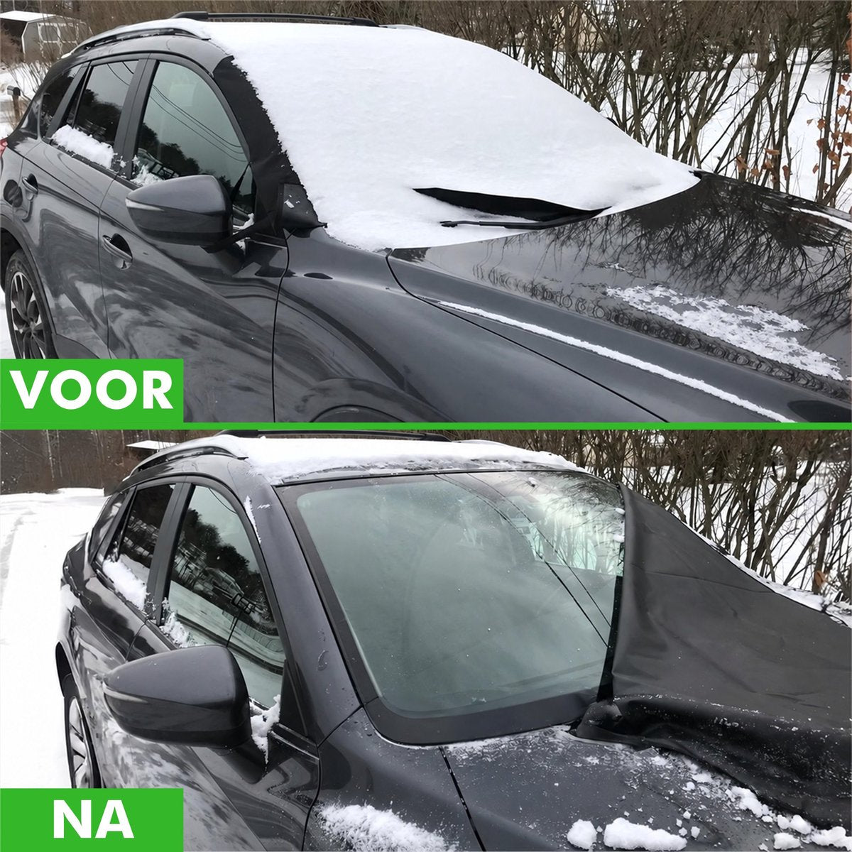 Voorruit met en zonder anti-vriesdeken na een nacht sneeuw