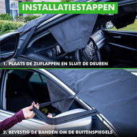 Installatie in twee stappen: zijflappen in de deuren plaatsen en de banden om de buitenspiegels bevestigen