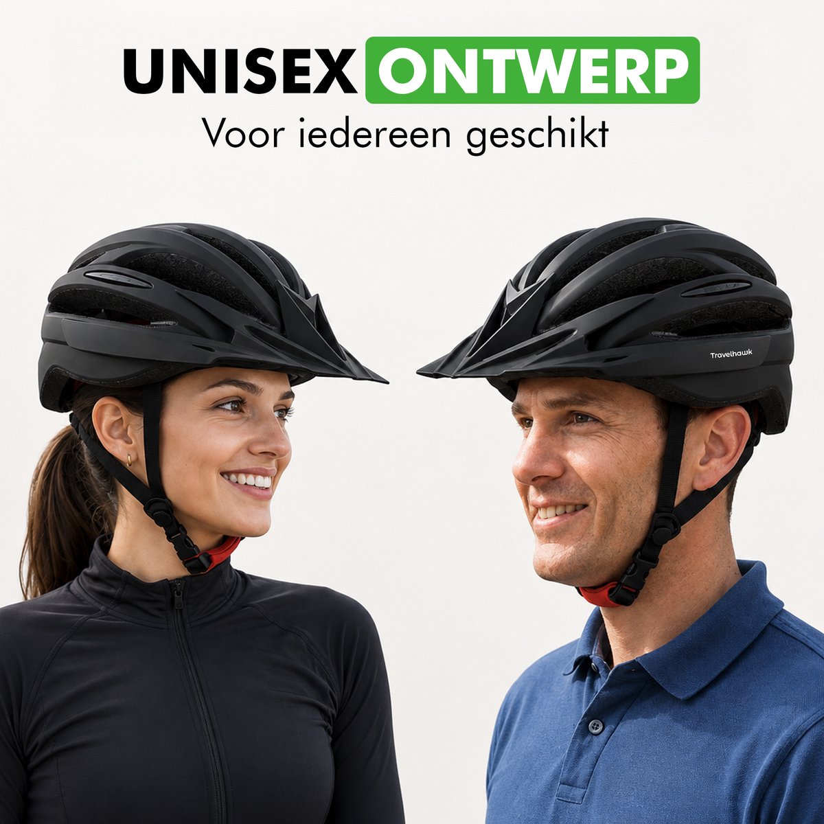 Vrouw en man dragen de unisex fietshelm