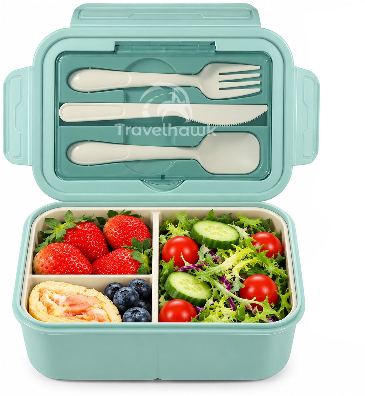Groene Travelhawk lunchbox met mes, vork en lepel, gevuld met fruit, salade en een wrap