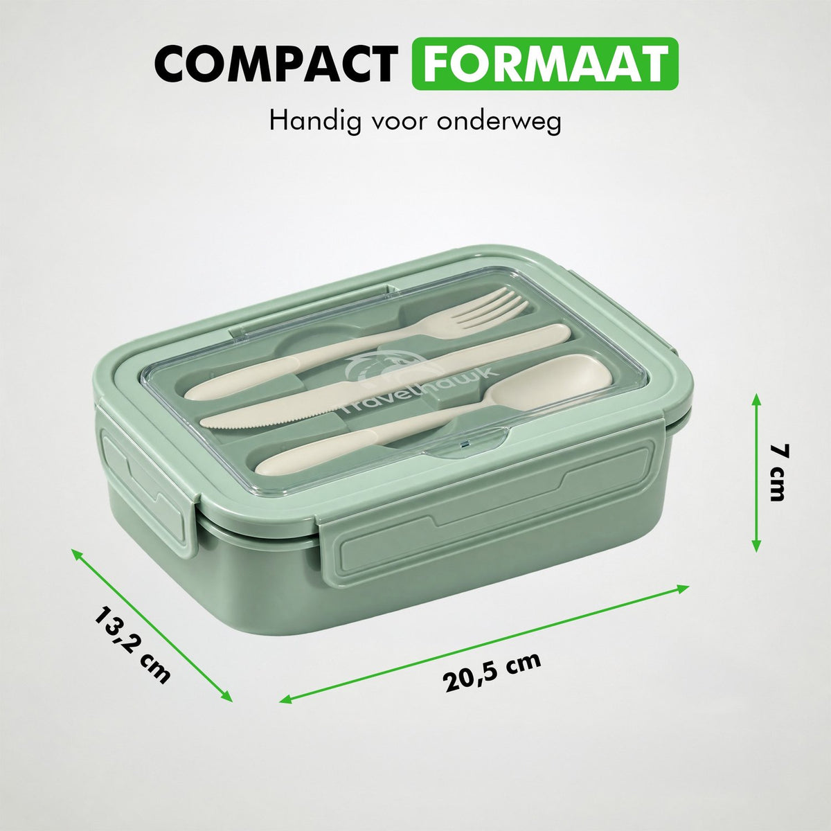 Afmetingen van de lunchbox: 20,5 bij 12,2 bij 7 centimeter