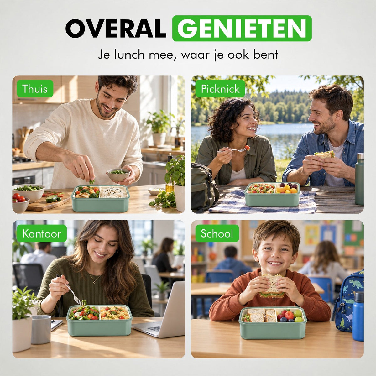 De lunchbox in gebruik thuis, op de picknick, op kantoor en op school