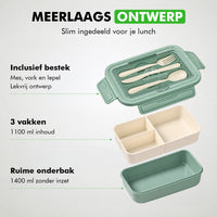 Opengewerkte weergave van de lunchbox met bestek, drie vakken van 1100 ml en onderbak van 1400 ml