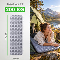 Slaapmat van 190 bij 60 centimeter, belastbaar tot 200 kilo, in gebruik in een tent