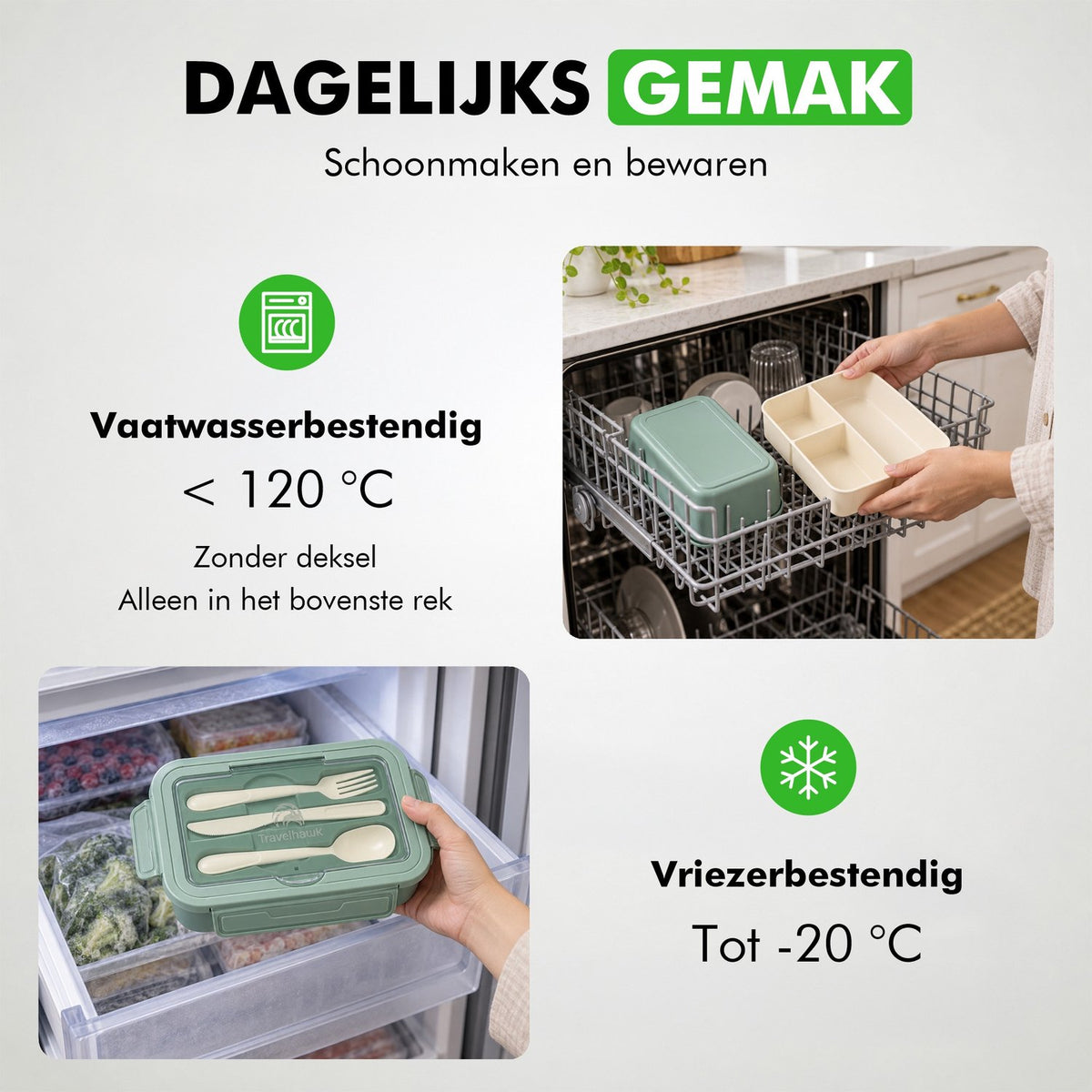 Lunchbox in de vaatwasser en de vriezer: vaatwasserbestendig tot 120 graden, vriesbestendig tot min 20 graden
