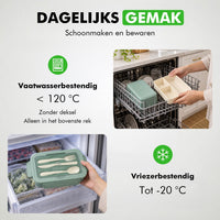 Lunchbox in de vaatwasser en de vriezer: vaatwasserbestendig tot 120 graden, vriesbestendig tot min 20 graden