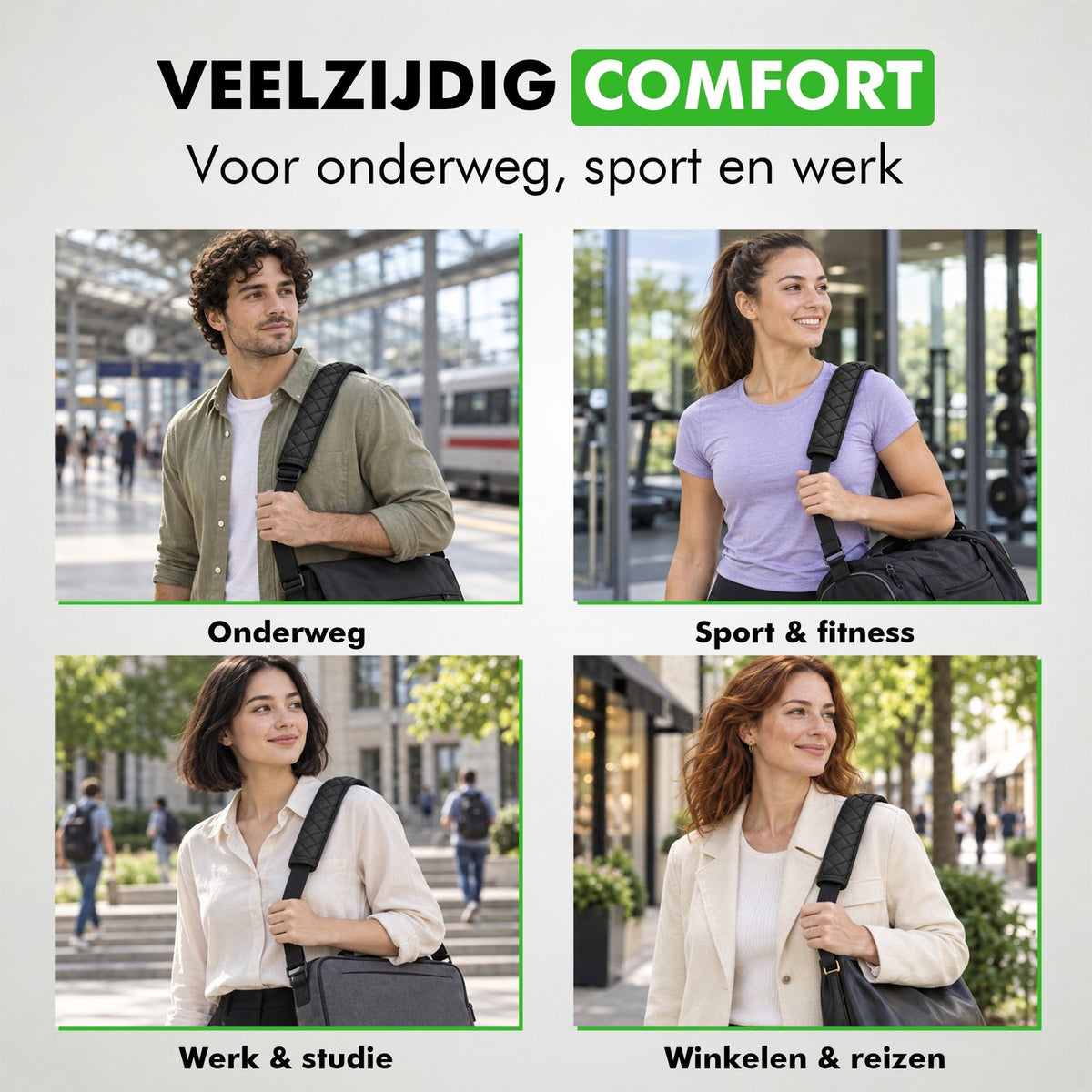 De gordelhoezen in gebruik onderweg, bij sport en fitness, op werk en studie en tijdens winkelen en reizen