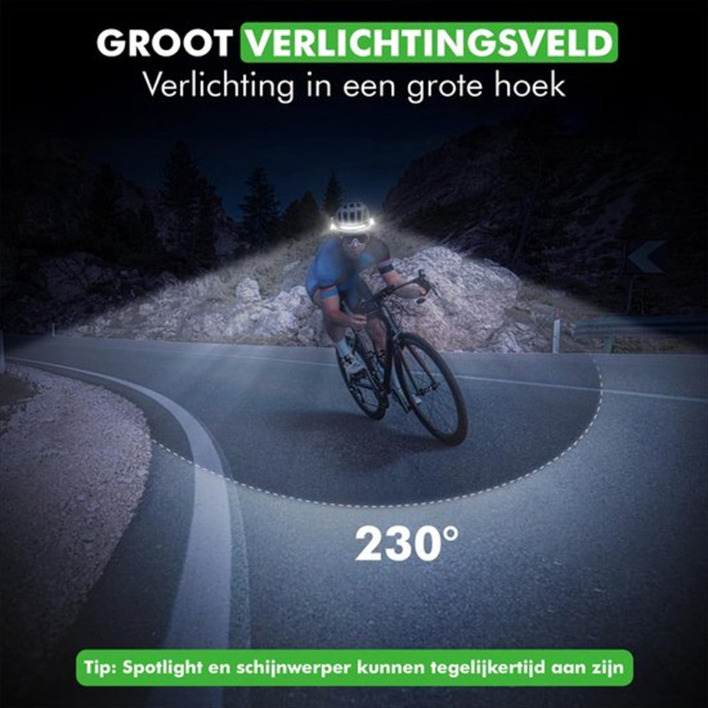 Breed lichtveld van de Travelhawk hoofdlamp tijdens het fietsen in het donker