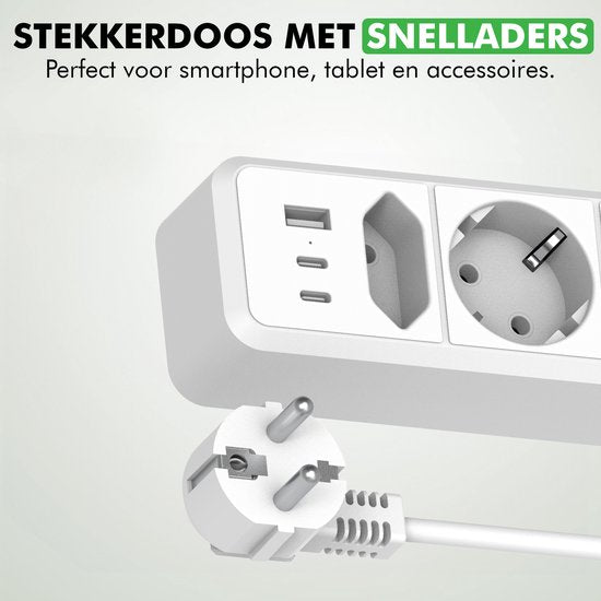 Travelhawk Stekkerdoos 1.5 m – 2× USB-C & 1× USB-A