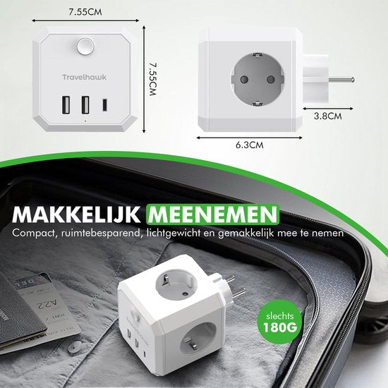 7-weg travelhawk powercube in gebruik op kantoor