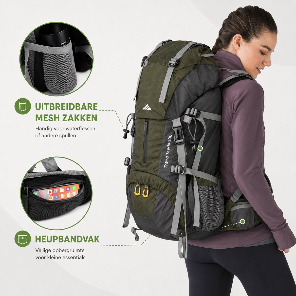 Backpack 50 liter met meerdere opbergvakken voor reisuitrusting