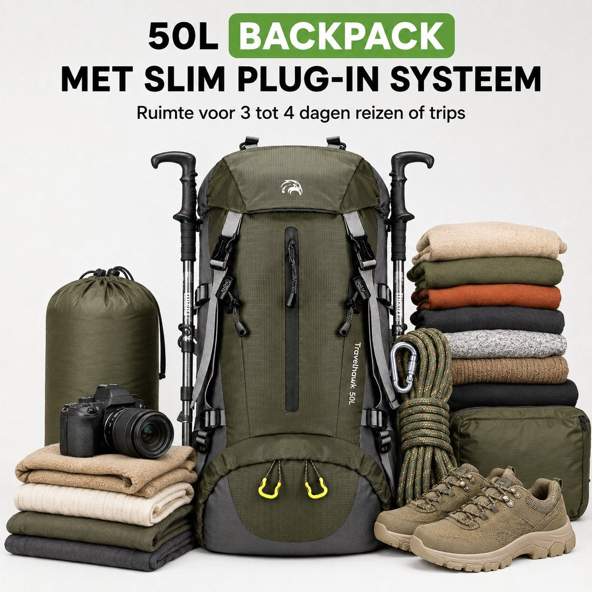Backpacking rugzak 50 liter met rugventilatie en verstelbaar rugpand