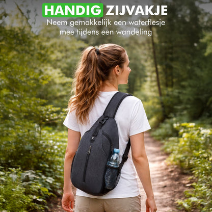 Binnenkant Travelhawk schoudertas met meerdere opbergvakken voor tablet, telefoon en accessoires