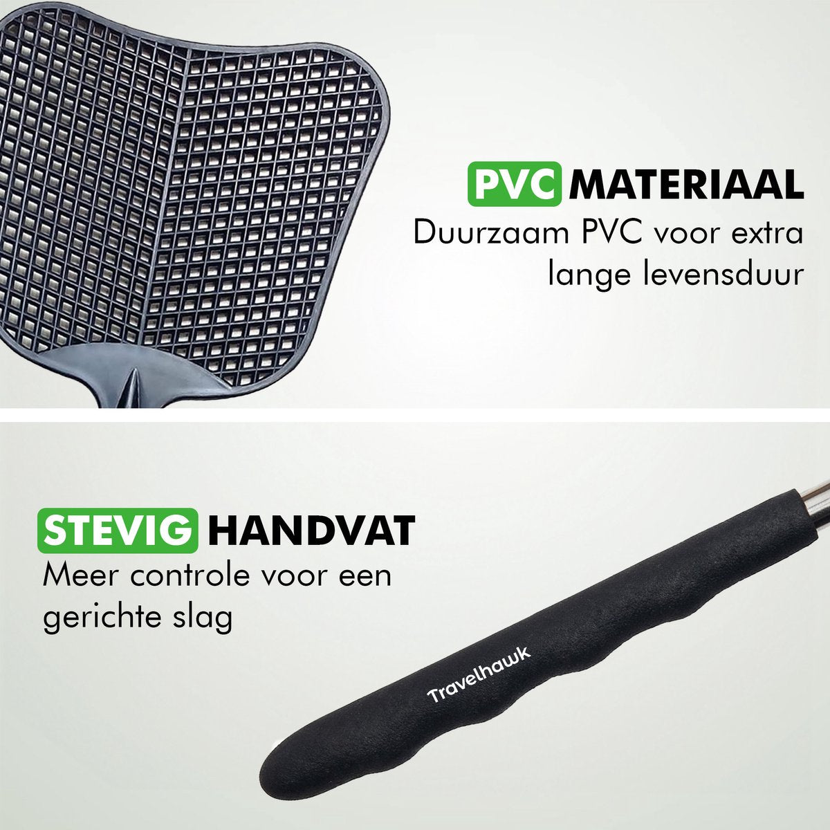 Close-up ergonomische handgreep van Travelhawk vliegmeppers