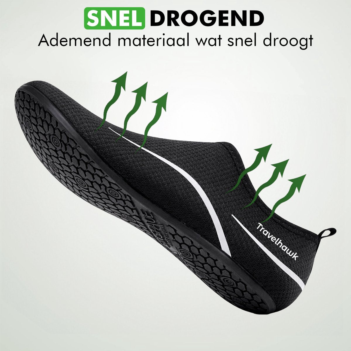 Close-up sneldrogend en ademend materiaal van Travelhawk waterschoenen