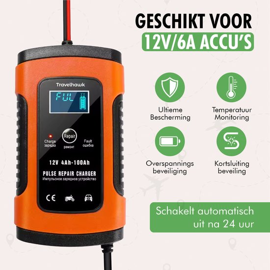 Close-up van Travelhawk acculader display en knoppen