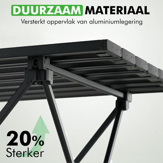 Close-up van Travelhawk campingtafel blad en poten