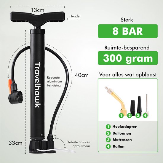 Close-up van Travelhawk mini fietspomp met handgreep