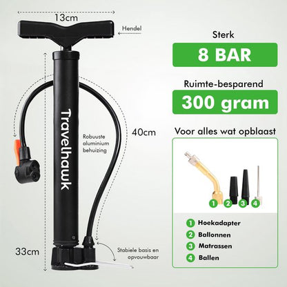 Close-up van Travelhawk mini fietspomp met handgreep