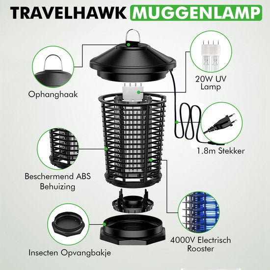 Close-up van Travelhawk muggenlamp met UV-licht