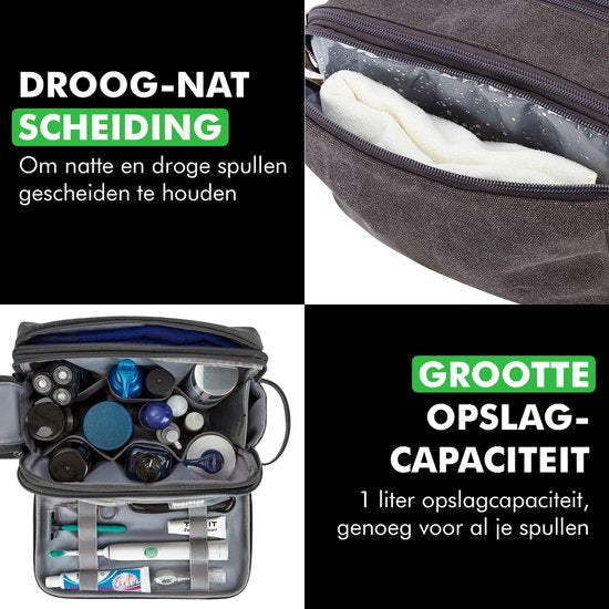 Close-up van Travelhawk toilettas ritssluiting en materiaal