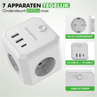 Close-up van Travelhawk verdeelstekker USB-A en USB-C poorten