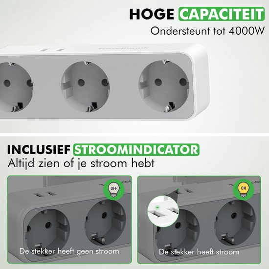 Close-up van Travelhawk verdeelstekker met drie stopcontacten