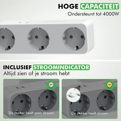 Close-up van Travelhawk verdeelstekker met drie stopcontacten