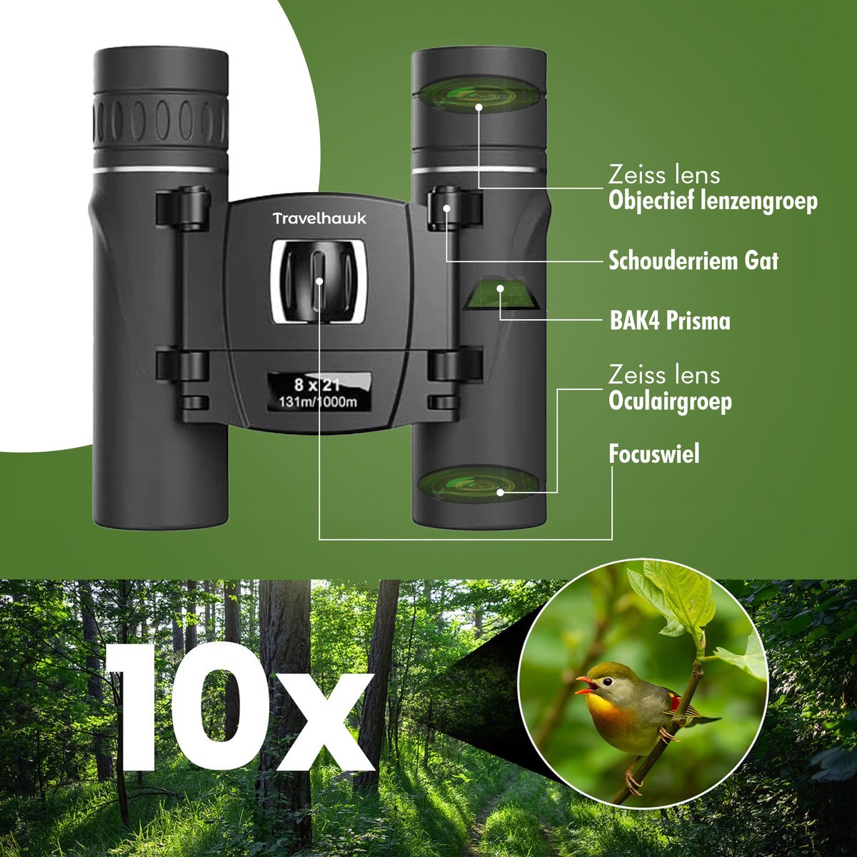 Close-up van Travelhawk verrekijker 8x21 lenzen