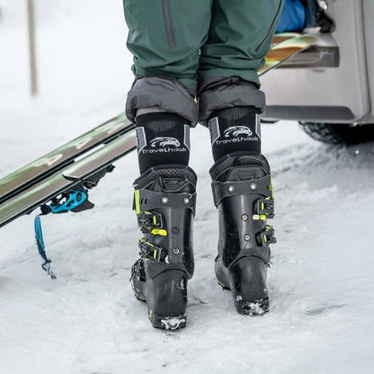 Close-up van Travelhawk zwarte skisokken materiaal