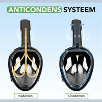 Close-up van het anti-beslag systeem van het Travelhawk snorkelmasker S/M full-face masker