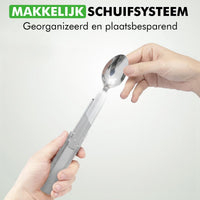 Close-up van het schuifsysteem van Travelhawk reisbestek to-go