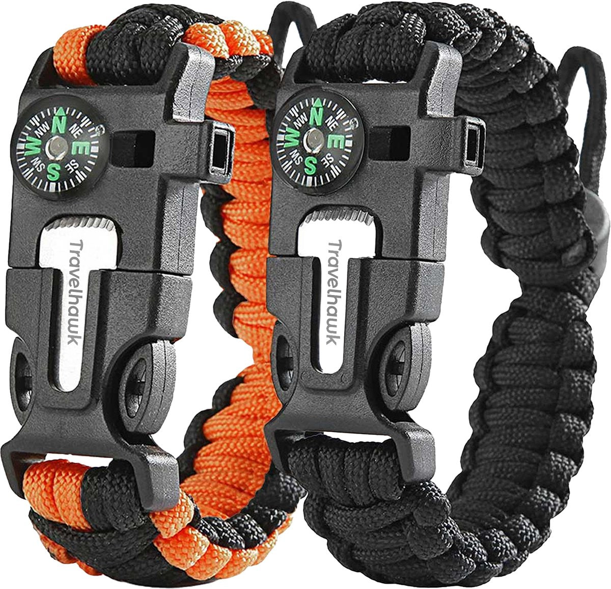 Close-up van kompas geïntegreerd in Travelhawk survival armband