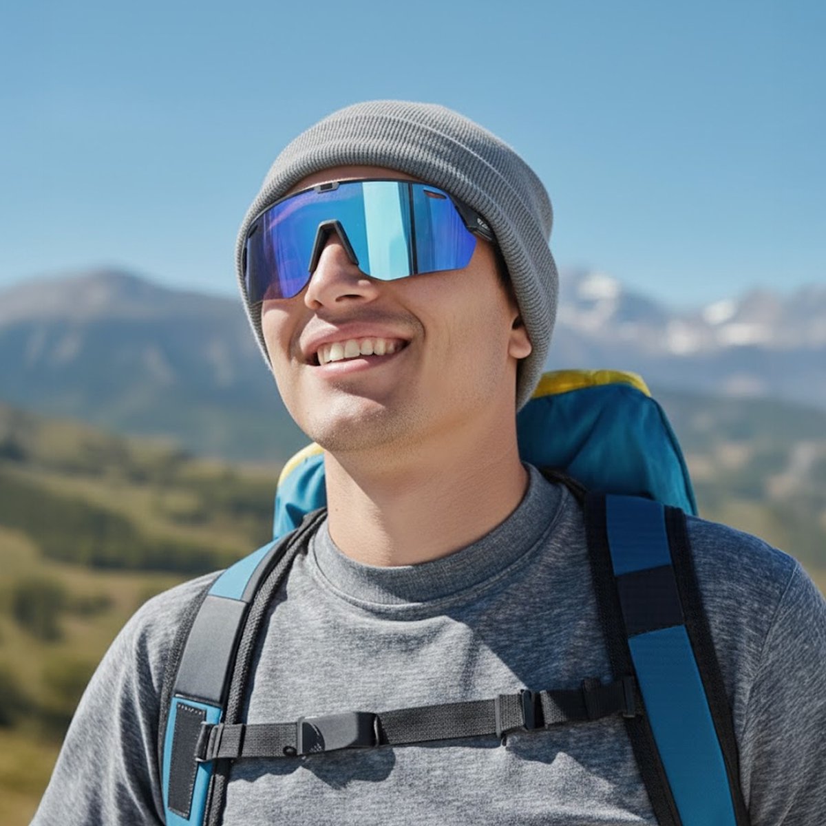 Close-up van lichtgewicht zwart frame van Travelhawk sportbril