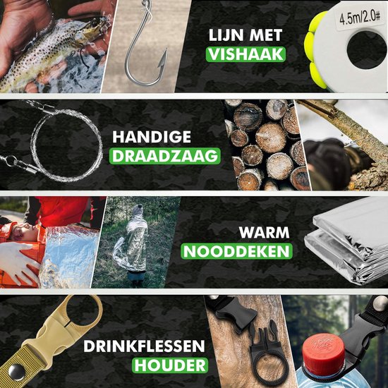 Close-up van onderdelen van Travelhawk survival kit survival tools