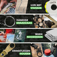 Close-up van onderdelen van Travelhawk survival kit survival tools