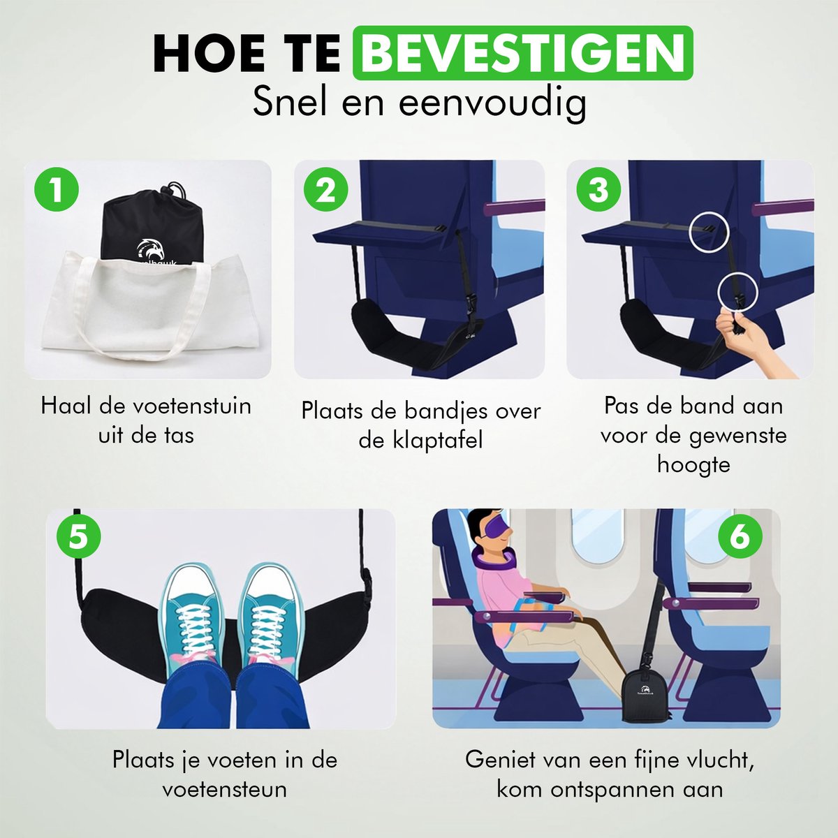 Compacte voetenhangmat voor lange vliegreizen