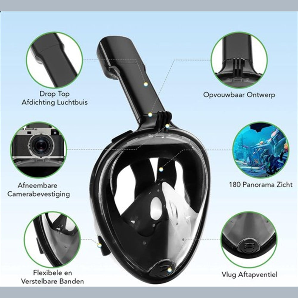 Detail van de panoramische lens van het Travelhawk snorkelmasker S/M voor helder zicht