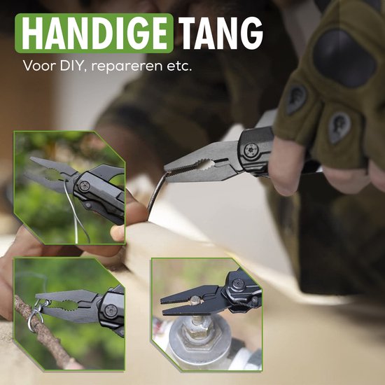 Detail van mes, tang en gereedschapstools van Travelhawk multitool zakmes