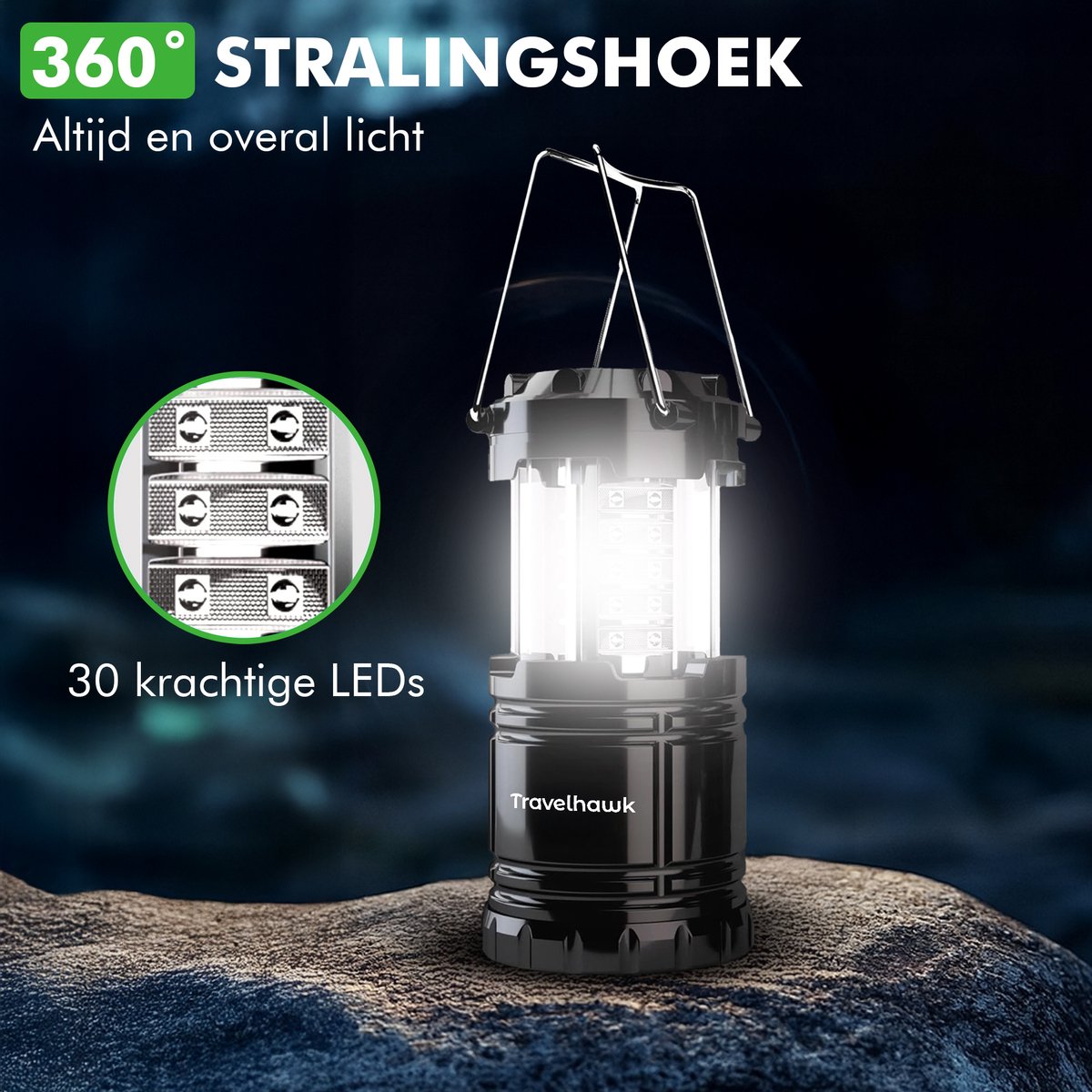 Draagbare campinglamp zwart met inklapbaar ontwerp en ophangfunctie