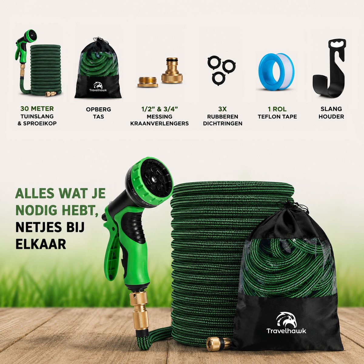Flexibele tuinslang compact opgeborgen aan wandhouder