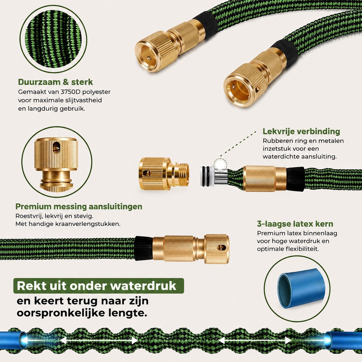 Flexibele waterslang met stevige messing koppelingen