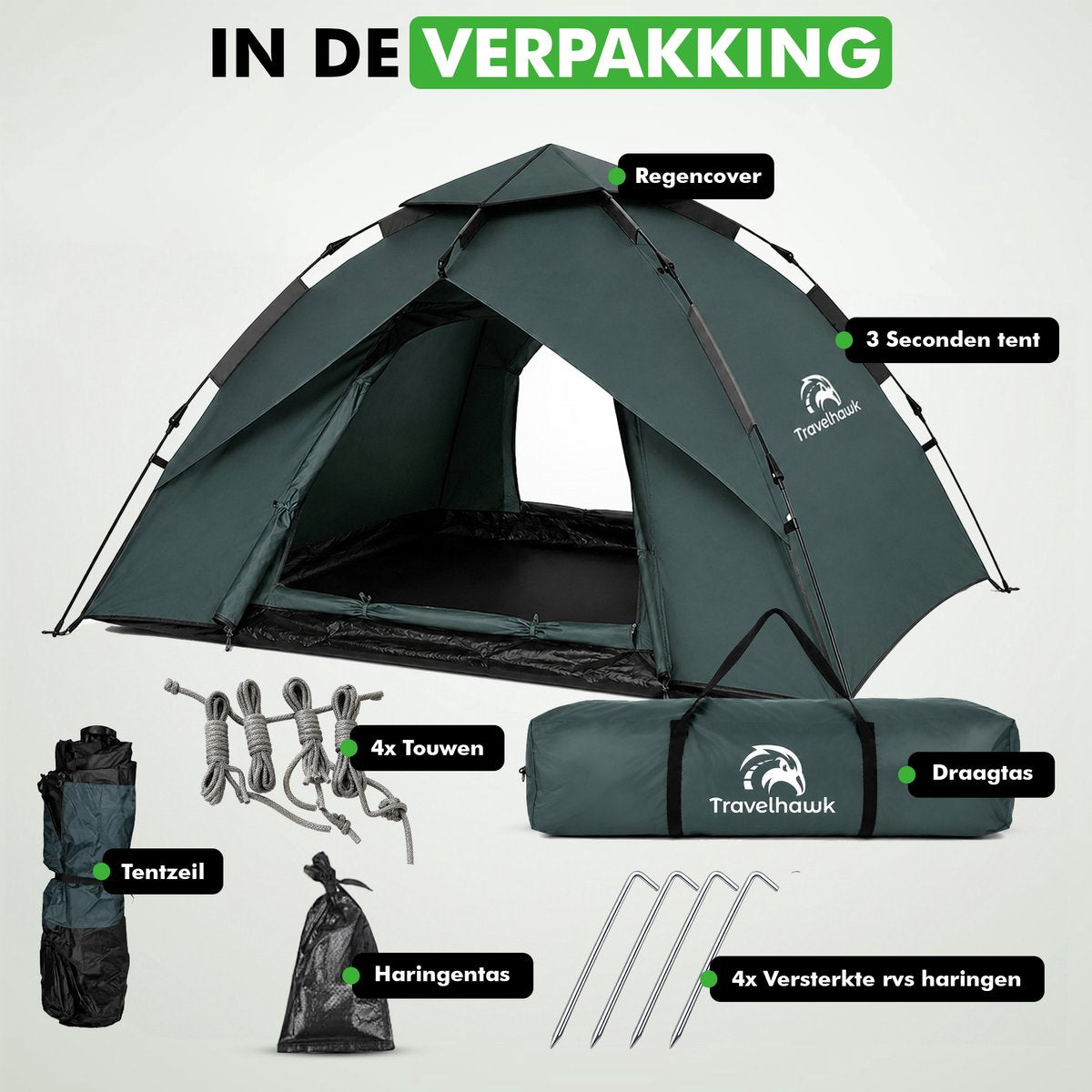 Groene Travelhawk pop up tent voor 2-3 personen op camping
